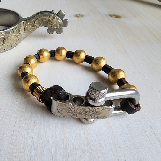 Gold Steel Bead Leather Bracelet